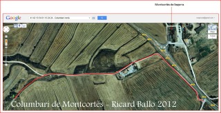 Montcortès - Columbari romà - Itinerari: captura de pantalla de Google Maps, complementada amb anotacions manuals.