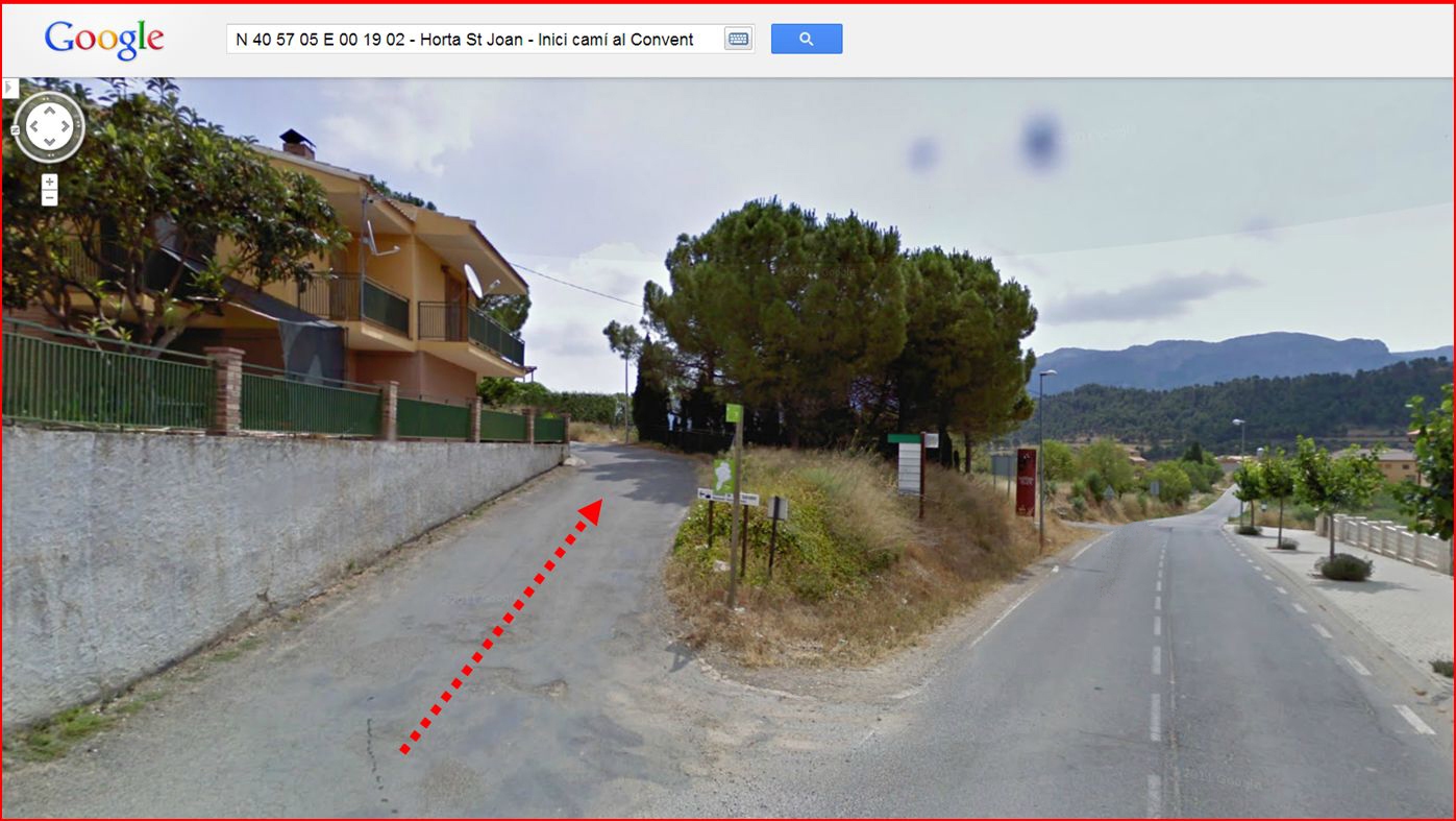 Convent de Sant Salvador - Horta de Sant Joan - Inici camí - Captura de pantalla de Google Maps, complementada amb anotacions manuals.