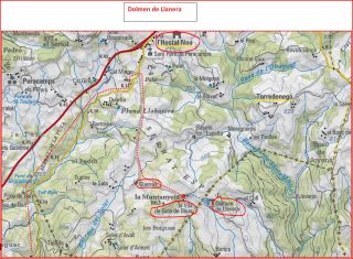 Dolmen de Llanera - Camí d'accés - Itinerari - Captura de pantalla d'un mapa del ICC, complementada amb anotacions manuals.