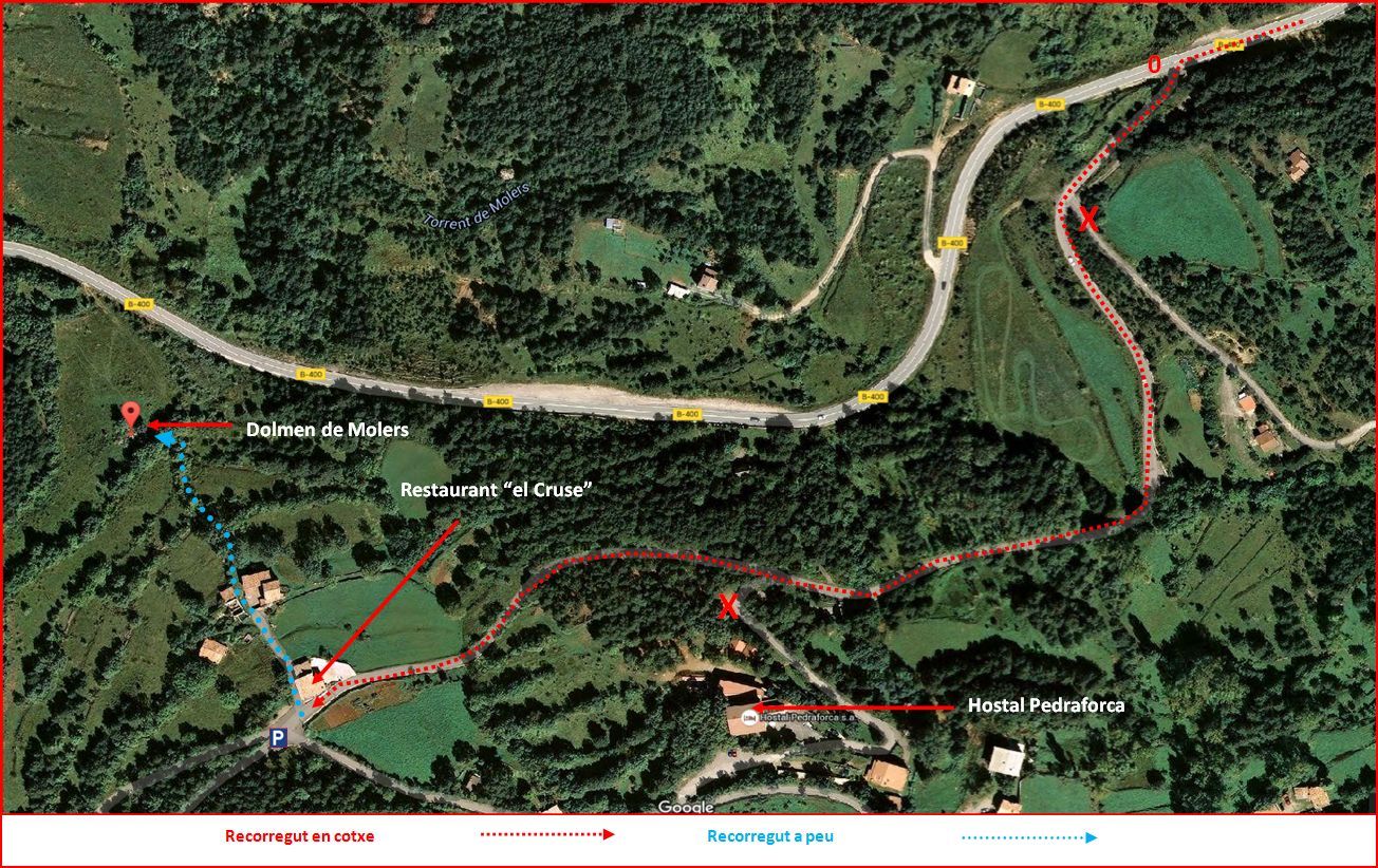 Dolmen de Molers - Mapa de l'ITINERARI - Captura de pantalla de Google Maps, complementada amb anotacions manuals