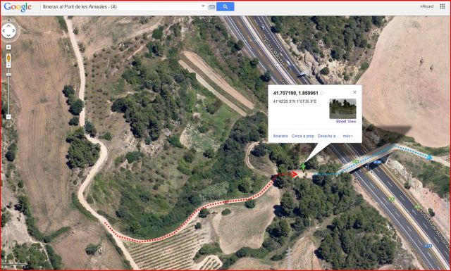 El Pont de les Arnaules – Manresa - Itinerari - 4 - Captura de pantalla de Google Maps, complementada amb anotacions manuals.