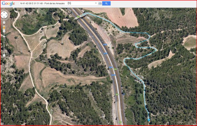 El Pont de les Arnaules – Manresa - Itinerari - 5 - Captura de pantalla de Google Maps, complementada amb anotacions manuals.