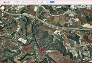 Itinerari del camí a l'ermita de la Mare de Déu de la Sala – Jorba - Captura de pantalla de Google Maps, complementada amb anotacions manuals.