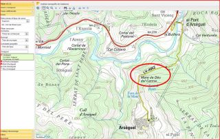 Ermita de la Mare de Déu del Carme – Arsèguel - Captura de pantalla d'un mapa del I.C.C., complementada amb anotacions manuals.