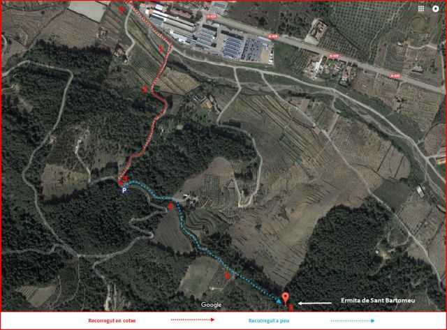 Ermita de Sant Bartomeu-Riudecols-Itinerari-Captura de pantalla de Google Maps, complementada amb anotacions manuals
