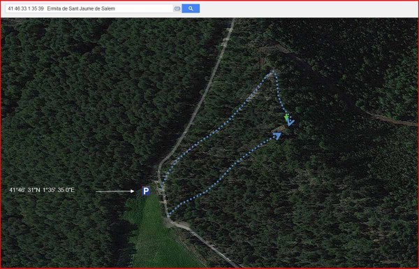 Ermita de Sant Jaume de Salem – Sant Mateu de Bages - Captura de pantalla de Google Maps, complementada amb anotacions manuals.