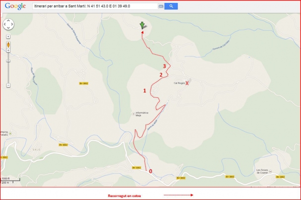 Ermita de Sant Martí – Sant Mateu de Bages - Itinerari - Captura de pantalla de Google Maps, complementada amb anotacions manuals.