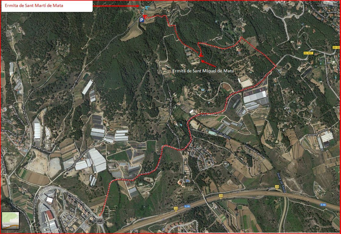 Ermita de Sant Miquel de Mata – Mataró - Itinerari - Captura de pantalla de Google Maps, complementada amb anotacions manuals
