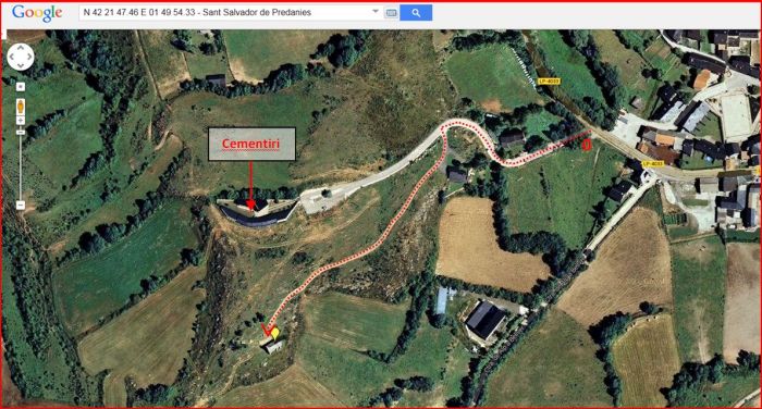 Ermita de Sant Salvador de Predanies – Prats i Sansor - Captura de pantalla de Google Maps, complementada amb anotacions manuals.