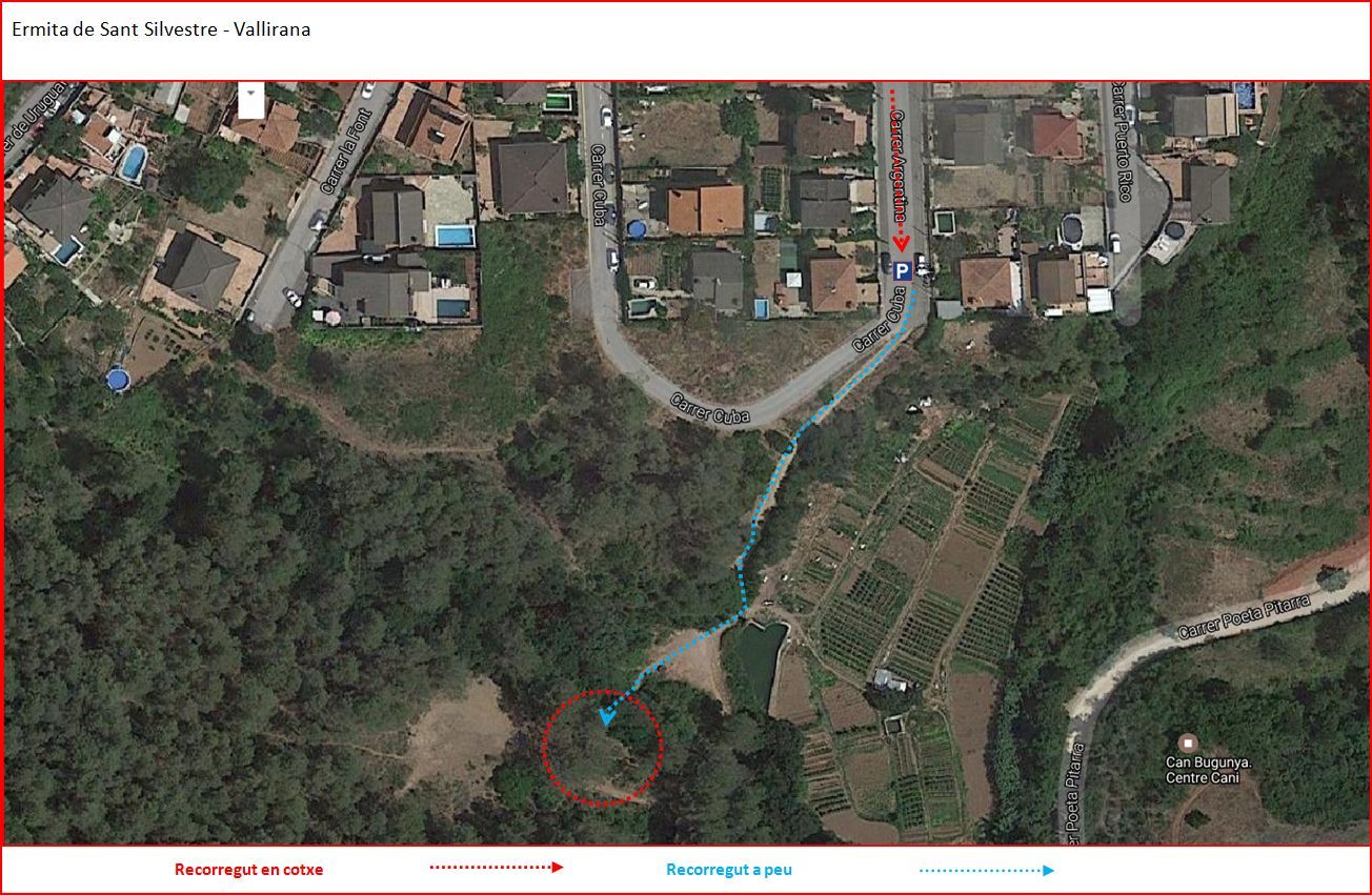 Camí a l\'Ermita de Sant Silvestre – Vallirana - Itinerari - Captura de pantalla de Google Maps, complementada amb anotacions manuals