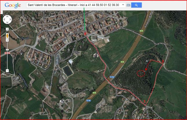 Camí a l'ermita de Sant Valentí de les Brucardes – Sant Fruitós de Bages - Captura de pantalla de Google Maps, complementada amb anotacions manuals.