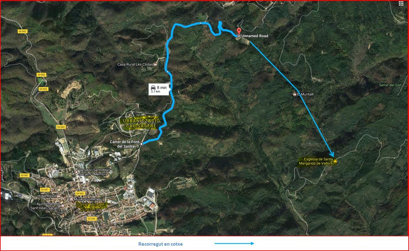 Ermita de Santa Margarida de Vallors - Sant Hilari Sacalm - MAPA del recorregut - Captura de pantalla de Google Maps, complementada amb anotacions manuals