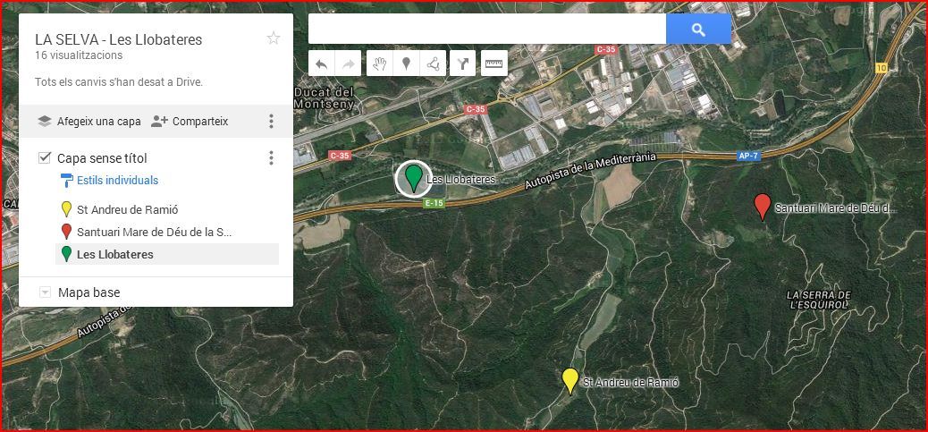 Les Llobateres - Sant Celoni - Captura de pantalla - Mapa de Google Maps, complementat amb anotacions manuals