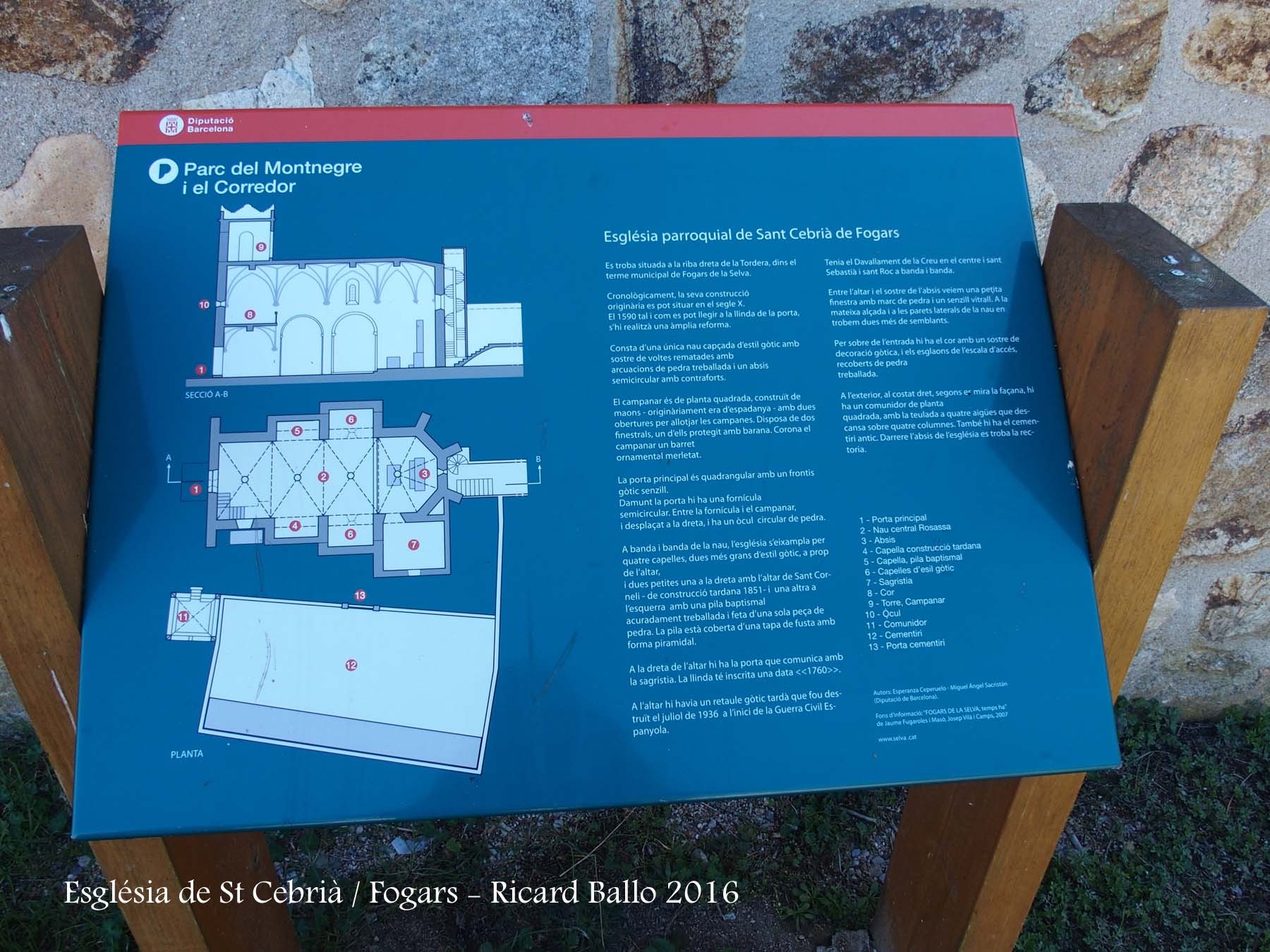 Plafó informatiu situat al davant de l\'Església de Sant Cebrià – Fogars de la Selva
