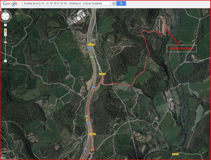 Església de Sant Esteve de la Colònia Soldevila – Balsareny - Itinerari - Captura de pantalla de Google Maps, complementada amb anotacions manuals.
