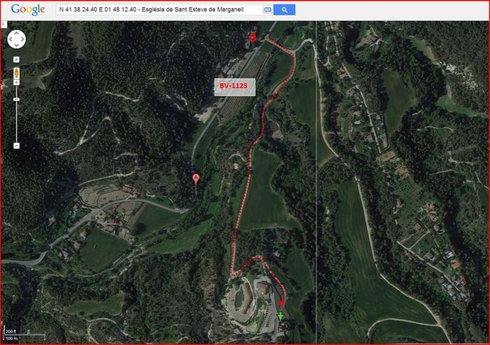 Església de Sant Esteve de Marganell - Itinerari - Captura de pantalla de Google Maps, complementada amb anotacions manuals.
