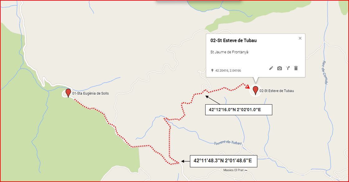 Camí a l'Església de Sant Esteve de Tubau – Sant Jaume de Frontanyà - Itinerari - Captura d epantalla de Google Maps, complementada amb anotacions manuals