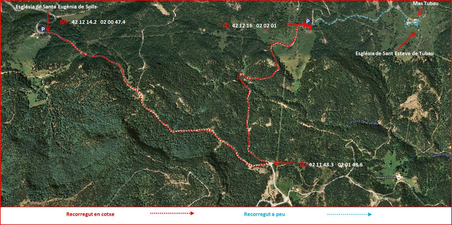 Camí a l'Església de Sant Esteve de Tubau – Sant Jaume de Frontanyà - Itinerari - Captura d epantalla de Google Maps, complementada amb anotacions manuals