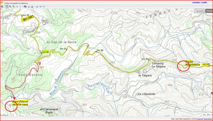 Itinerari per anar a les esglésies de Sant Esteve de Vilarasa i la de la Capella de Santa Magdalena, ambdues en terrenys del municipi de Talamanca- Captura de pantalla d'un mapa del ICC, complementada amb anotacions manuals.