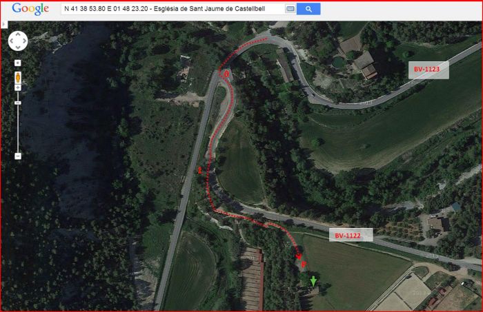 Església de Sant Jaume de Marganell – Castellbell i el Vilar - Itinerari - Captura de pantalla de Google Maps, complementada amb anotacions manuals.