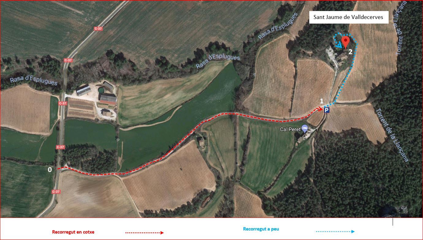 Església de Sant Jaume de Valldecerves – Querol -Itinerari - Captura de pantalla de Google Maps, complementada amb anotacions manuals