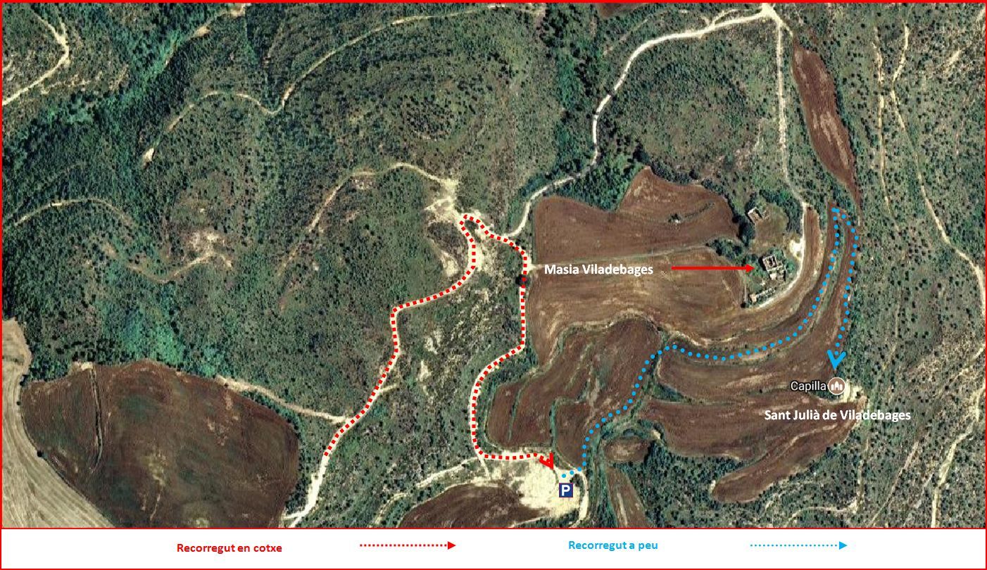 Església de Sant Julià de Viladebages – Olius - Itinerari darrera part del recorregut- Captura de pantalla de Google Maps, complementada amb anotacions manuals