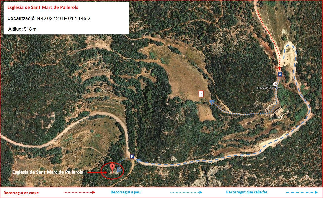 Església de Sant Marc de Pallerols de Rialb – La Baronia de Rialb - Itinerari - Detall part final - Opció 1 - Captura de pantalla de Gogle Maps, complementada amb anotacions manuals