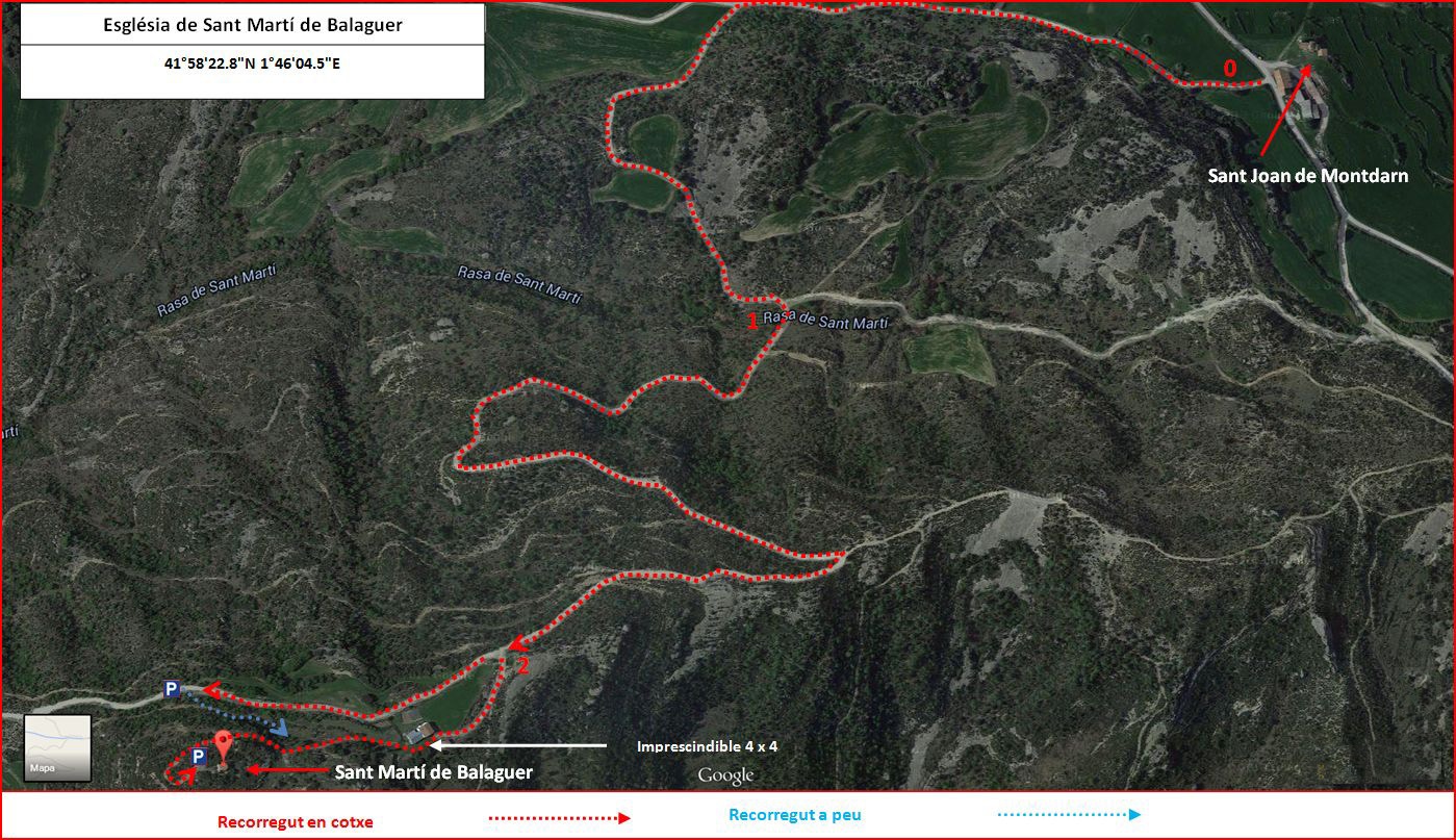 Esglesia de Sant Marti de Balaguer-Viver i Serrateix - Itinerari - Captura de pantalla de Google Maps, complementada amb anotacions manuals