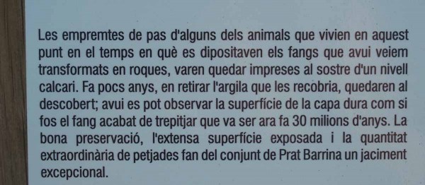 Ictines de Prat Barrina - Sant Mateu de Bages - Ampliació de les dades que figuren en un plafó informatiu situat davant de les empremtes.