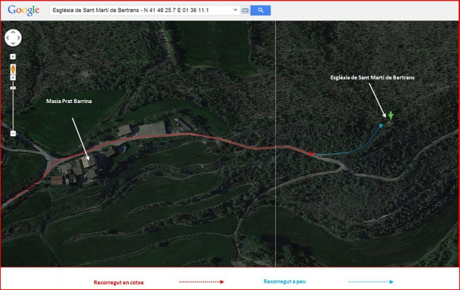 Església de Sant Martí de Bertrans – Sant Mateu de Bages - PART FINAL de l'itinerari - Captura de pantalla de Google Maps, complementada amb anotacions manuals.