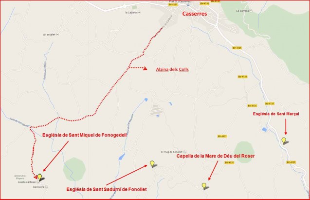 Itinerari a l'Església de Sant Miquel de Fonogedell i altres – Casserres - Captura de pantalla de Google Maps, complementada amb anotacions manuals