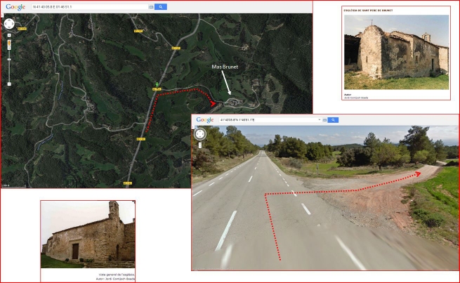 Església de Sant Pere de Brunet – Sant Salvador de Guardiola - Fotografies petites, extretes de Patrimoni.Gencat. Mapa captura de pantalla de Google Maps, complementada amb anotacions manuals. Fotografia gran: captura de pantalla extreta de Google maps.