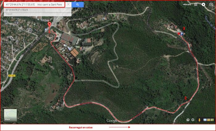 Església de Sant Pere de Reixac – Montcada i Reixac - Captura de pantalla de Google Maps, complementada amb anotacions manuals.