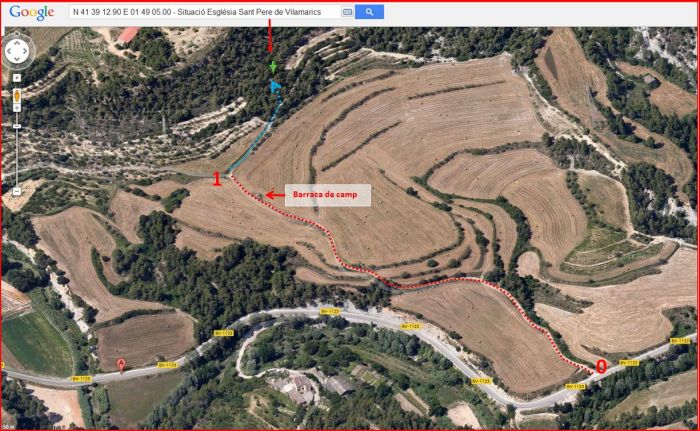 Camí a l'Església de Sant Pere de Vilamarics – Monistrol de Montserrat - Itinerari - Captura de pantalla de Google Maps, complementada amb anotacions manuals.