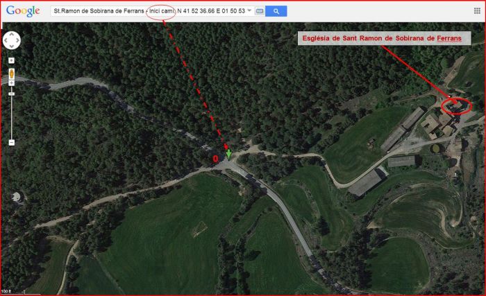 Església de Sant Ramon de Sobirana de Ferrans – Balsareny - Itinerari - Captura de pantalla de Google Maps, complementada amb anotacions manuals.