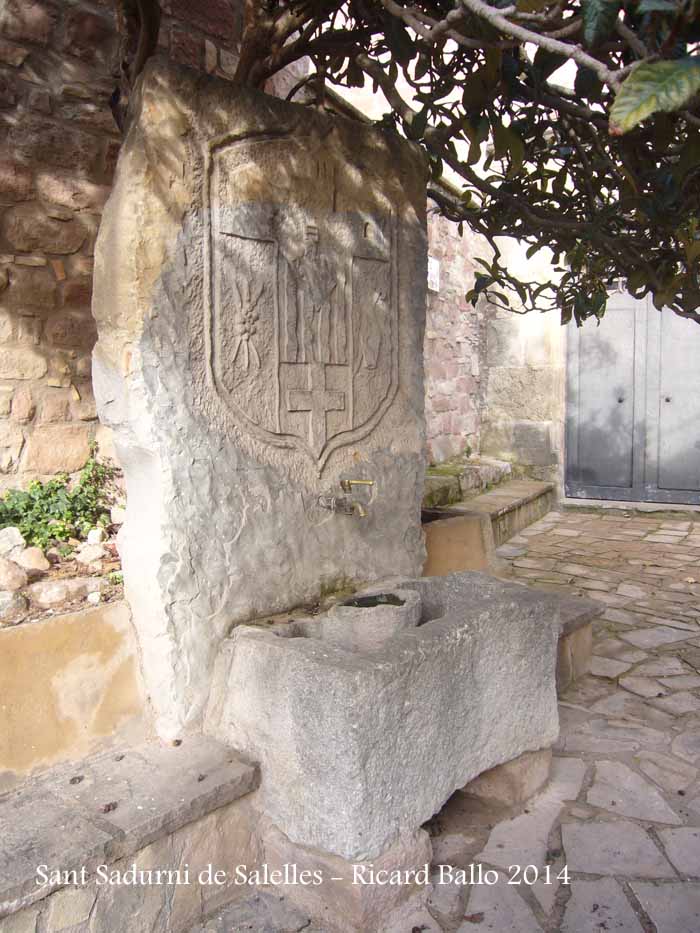 Església de Sant Sadurní de Salelles – Sant Salvador de Guardiola-Font que hi ha a la placeta del davant de l'església.