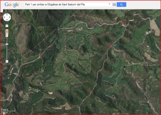 Part 1 de la ruta d'accés a l'església de Sant Sadurní del Pla / Avinyó - Captura de pantalla de Google Maps, complementada amb anotacions manuals.