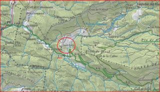 Església de Sant Serni de Terrers-Itinerari-Captura de pantalla d'un mapa del Institut Cartogràfic de Catalunya, complementada amb anotacions manuals.