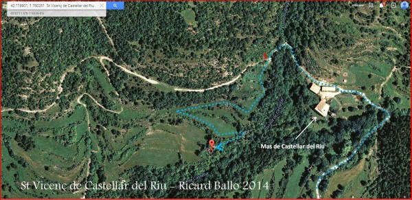Església de Sant Vicens de Castellar – Castellar del Riu - Ruta final- Captura de pantalla de Google Maps, complementada amb anotacions manuals.