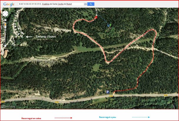 Església de Santa Cecília de Riutort– La Pobla de Lillet - Itinerari -Captura de pantalla de Google Maps, complementada amb anotacions manuals.