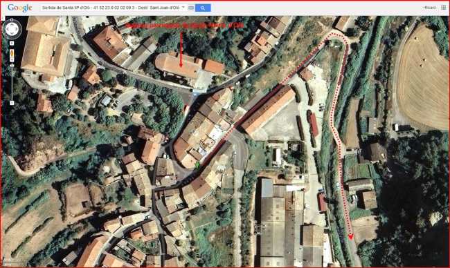 Església de Santa Creu de La Plana – Santa Maria d'Oló - Inici itinerari - Captura de pantalla de Google Maps, complementada amb anotacions manuals.