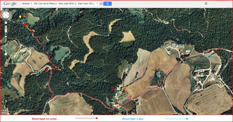 Església de Santa Creu de La Plana – Santa Maria d'Oló - Inici - Captura de pantalla de Google Maps, complementada amb anotacions manuals.