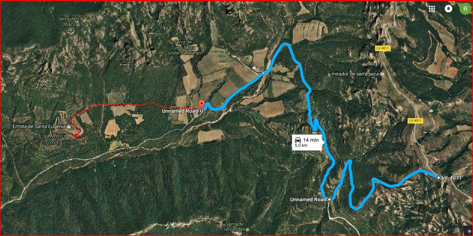 Camí a l\'Església de Santa Eugènia de la Mòra Comdal-ITINERARI-Captura de pantalla de Google Maps, complementada amb anotacions manuals