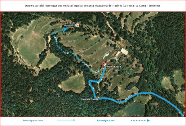 Esglesia Sta Magdalena de Tragines-Darrera part de l\'Itinerari - Captura de pantalla de Google Maps, complementada amb anotacions manuals.