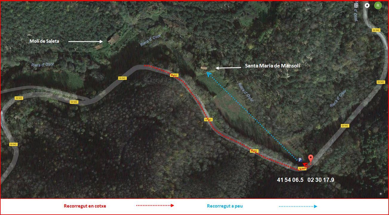 Església de Santa Maria de Mansolí – Sant Hilari Sacalm - Mapa de l\'itinerari - Captura de pantalla de Google Maps, complementada amb anotacions manuals