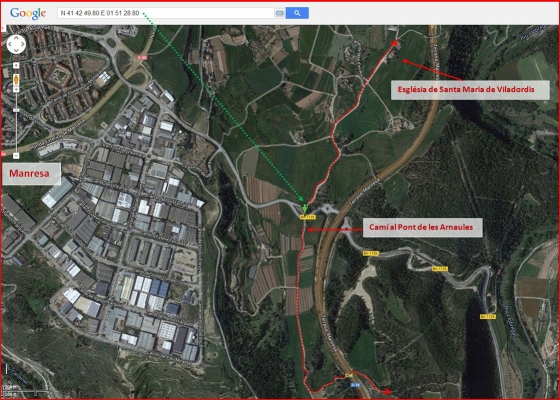 Església de Santa Maria de Viladordis – Manresa - Itinerari - Captura de pantalla de Google Maps, complementada amb anotacions manuals.