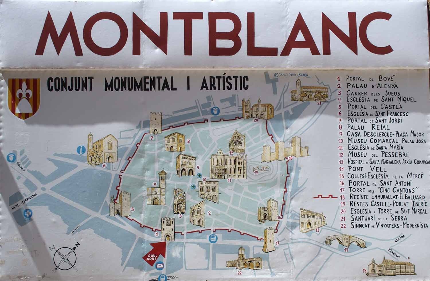 Mapa de Montblanc amb la situació de les edificacions més rellevants