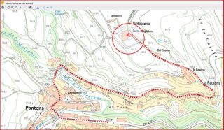 Església parroquial de Santa Magdalena – Pontons - Itinerari - Captura de pantalla d'un mapa del Institut cartogràfic de Catalunya , complementada amb anotacions manuals.