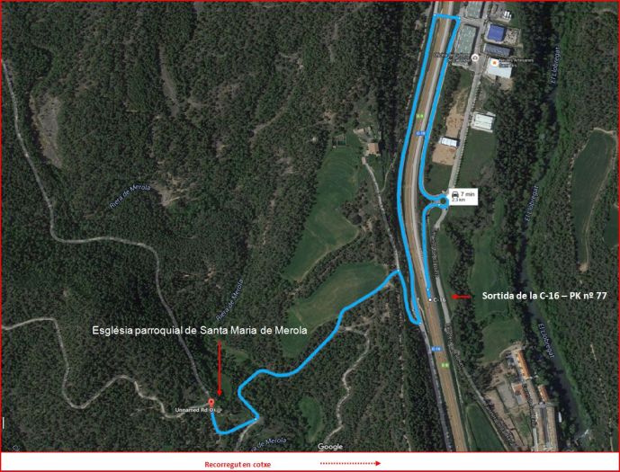 Església parroquial de Santa Maria de Merola – Puig-reig - Itinerari - Captura de pantalla de Google Maps, complementada amb anotacions manuals