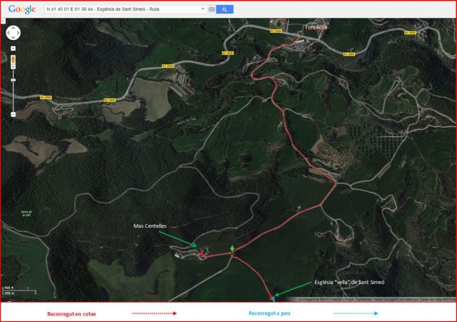 Camí d'accés a l'Església vella de Sant Simeó de Centelles – Rajadell - Ruta - Captura de pantalla de Google Maps, complementada amb anotacions manuals.